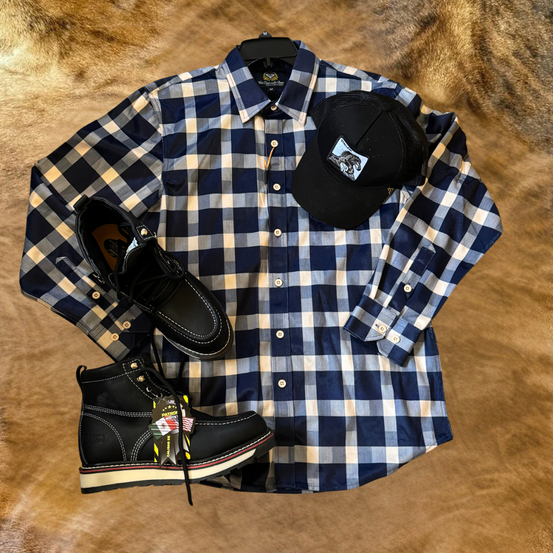 Camisa Plaid de Cuadros Azul Marino y Blanco - Estilo Vaquero