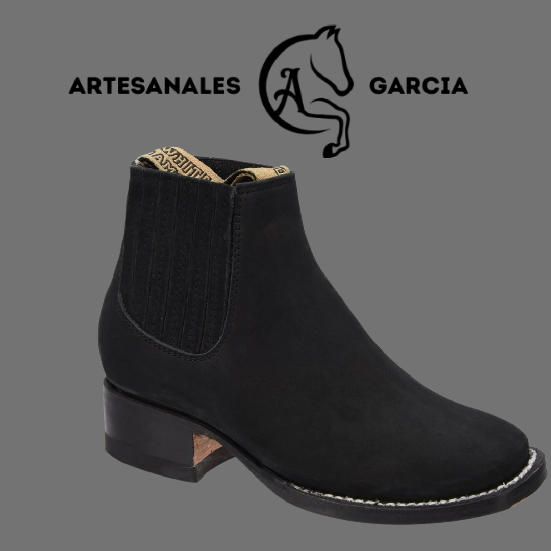 Botin Rodeo Punta Cuadrada Negro Nobuck Gamuza WD739