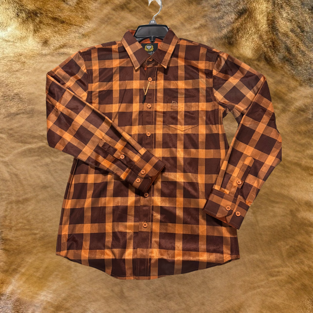 Camisa Vaquera Plaid de Cuadros en Tonos Marrón y Naranja