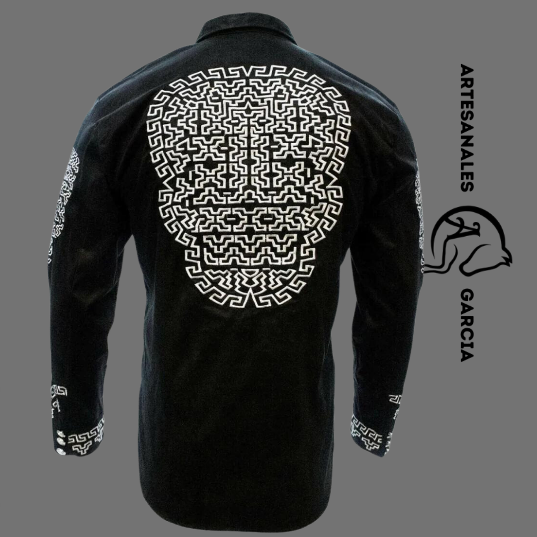 Camisa Charra Gamuza Bordada Negro / Blanco WD 808