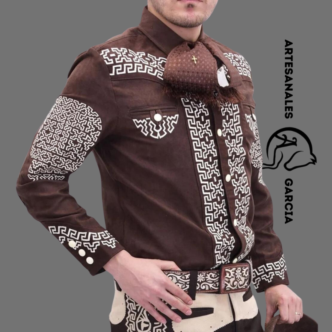 Camisa Charra Gamuza Bordada Café WD 811