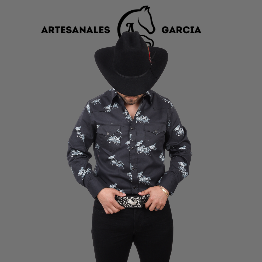 Camisa Vaquera Estampa con Caballos Negro WD 883