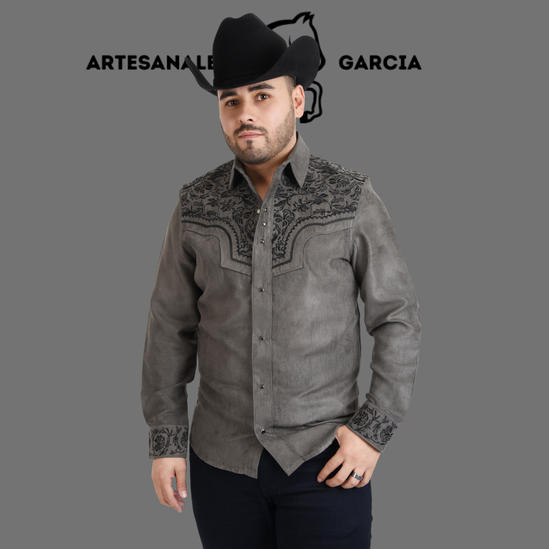 Camisa Vaquera Gamuza Bordada Gris / Negro WD 919