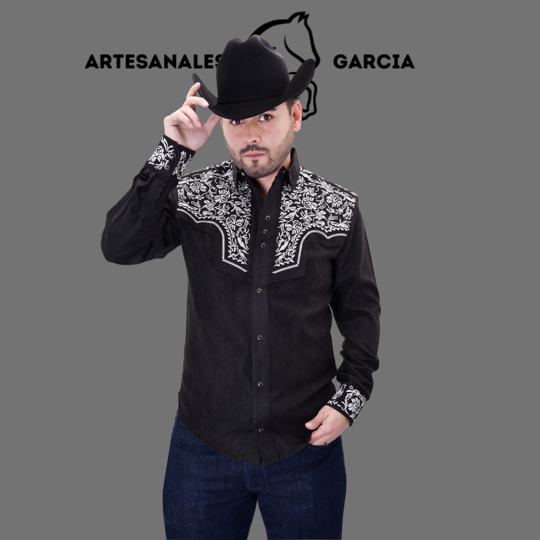 Camisa Vaquera Gamuza Bordada Negro / Blanco WD 921