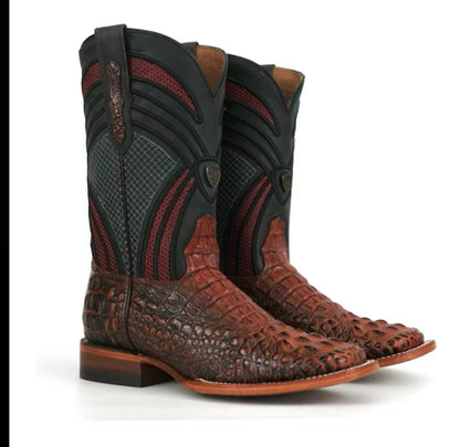 080 Nuca Print Western Men’s Boots – Ranch Style Square Toe Cognac