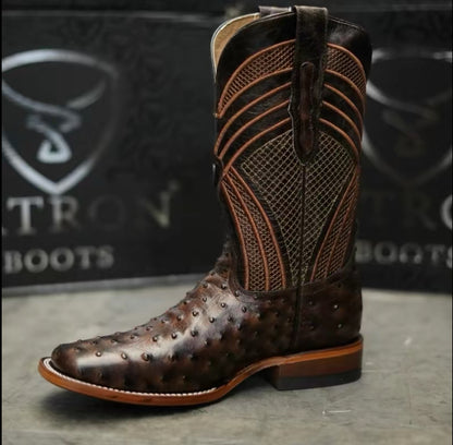 Botas Vaqueras Patron Boots 080 Avestruz Café – Puntera Cuadrada