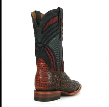 080 Nuca Print Western Men’s Boots – Ranch Style Square Toe Cognac