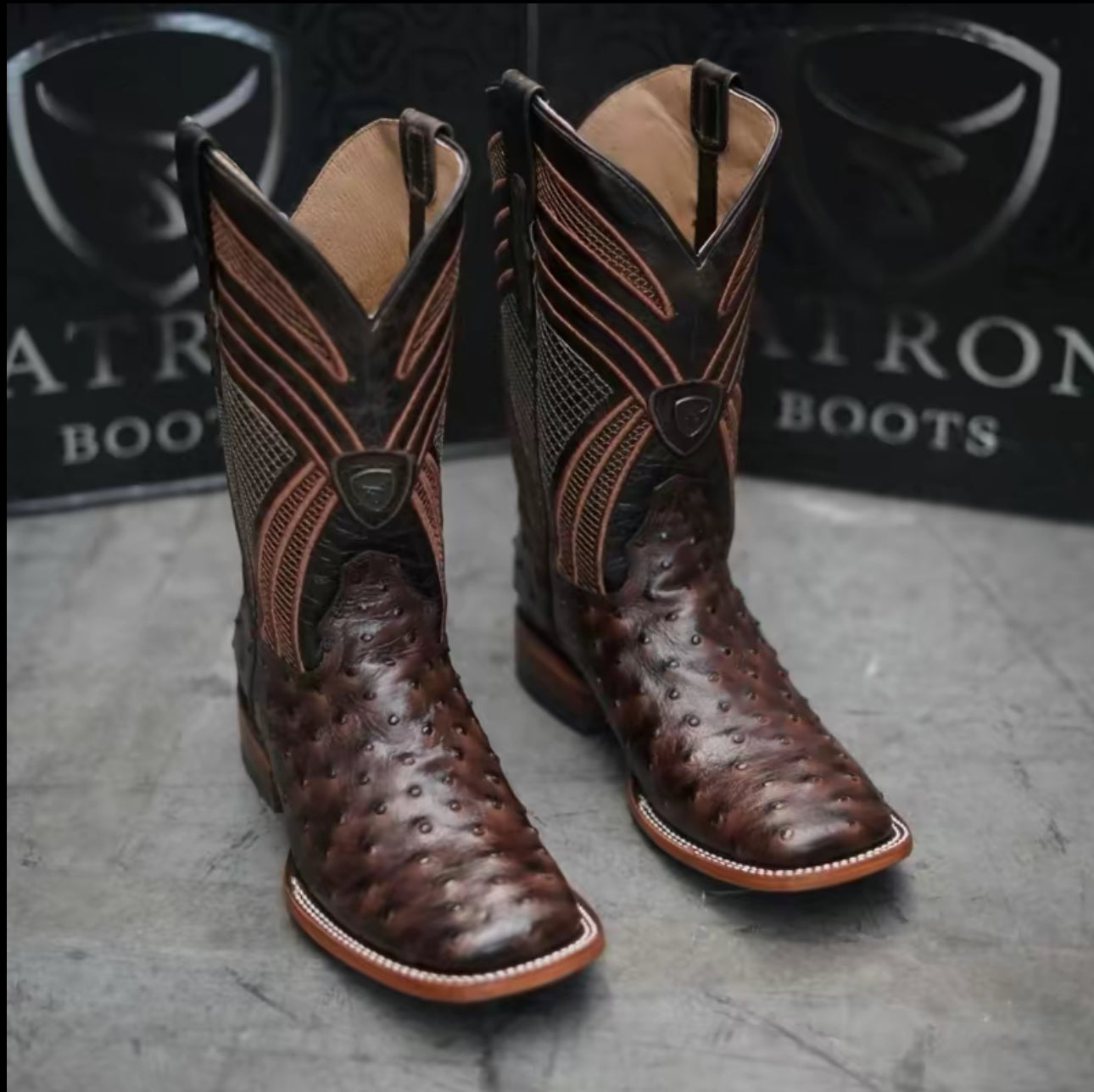 Botas Vaqueras Patron Boots 080 Avestruz Café – Puntera Cuadrada