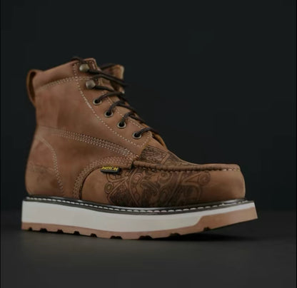 Men’s 6” Aztec Print Moc Toe Work Boots – Full Grain Leather, Lightweight Comfort Sole
