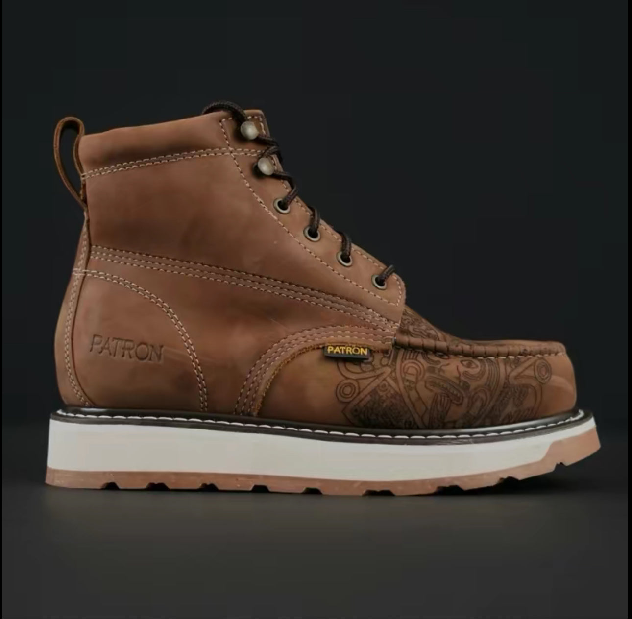 Men’s 6” Aztec Print Moc Toe Work Boots – Full Grain Leather, Lightweight Comfort Sole