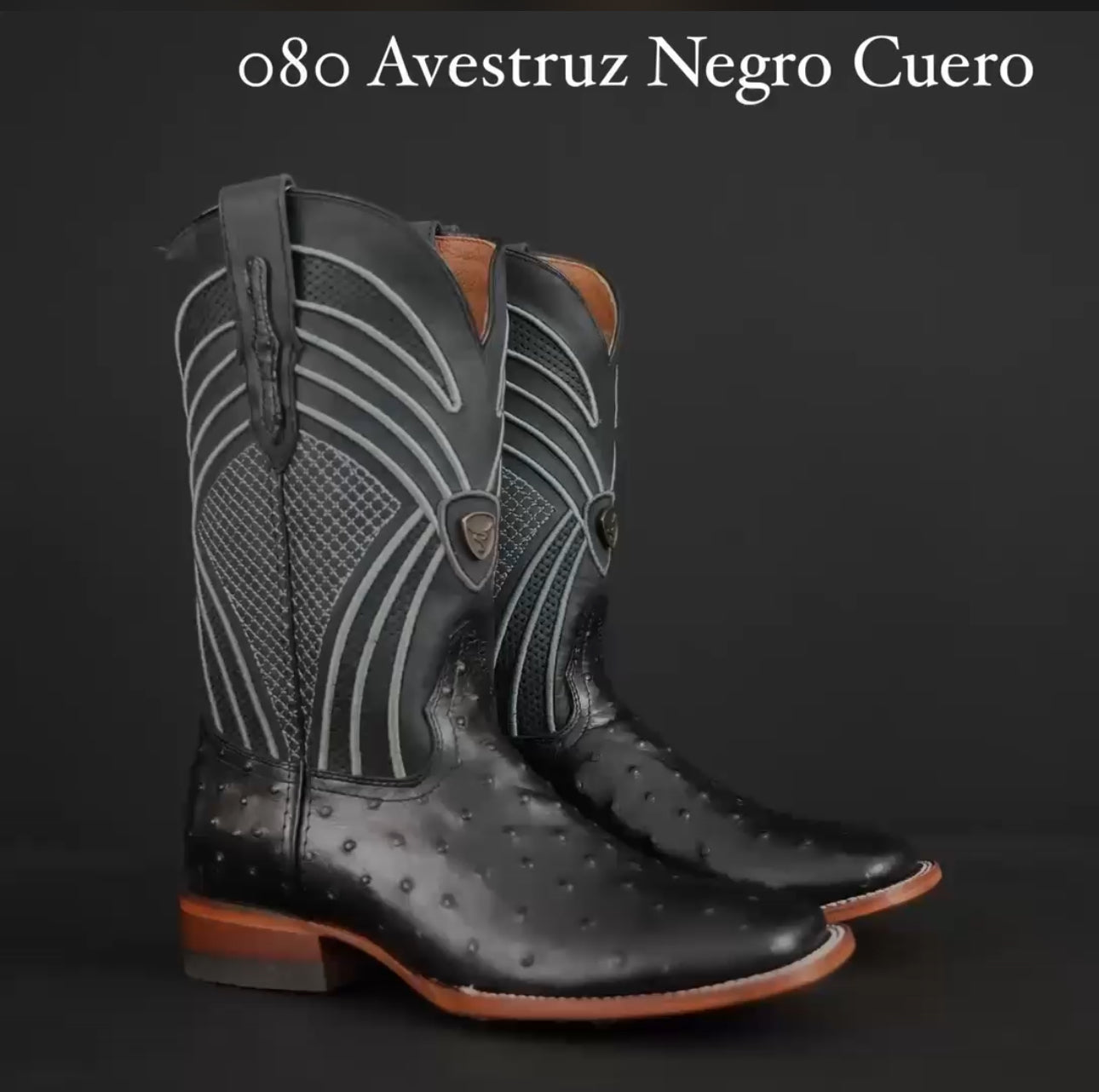 Botas Vaqueras Patron Boots 080 Avestruz Negro Cuero Punta Cuadrada