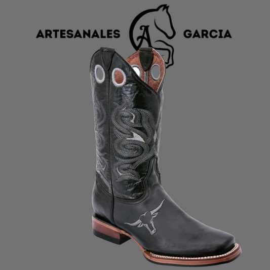 Bota Horma Cuadrado Toro Bordado al Lado Negra S/ Hule WD 331