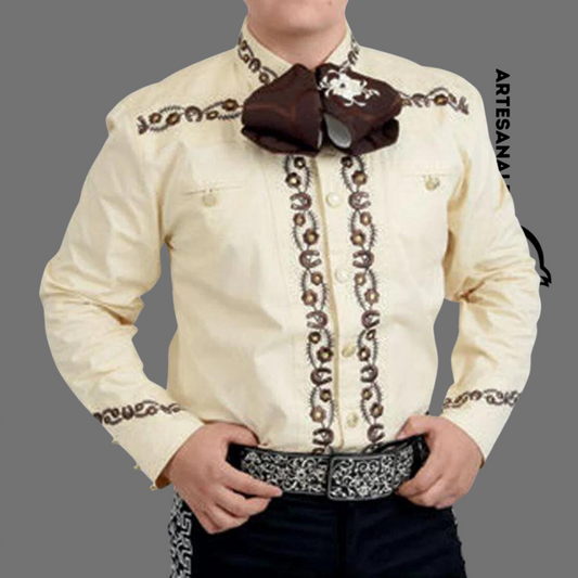 Camisa Charra Bordada Beige / Café WD 820