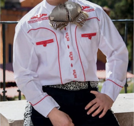Camisa Charra Tradicional Huesito Nino Blanca / Rojo WD 938B/R