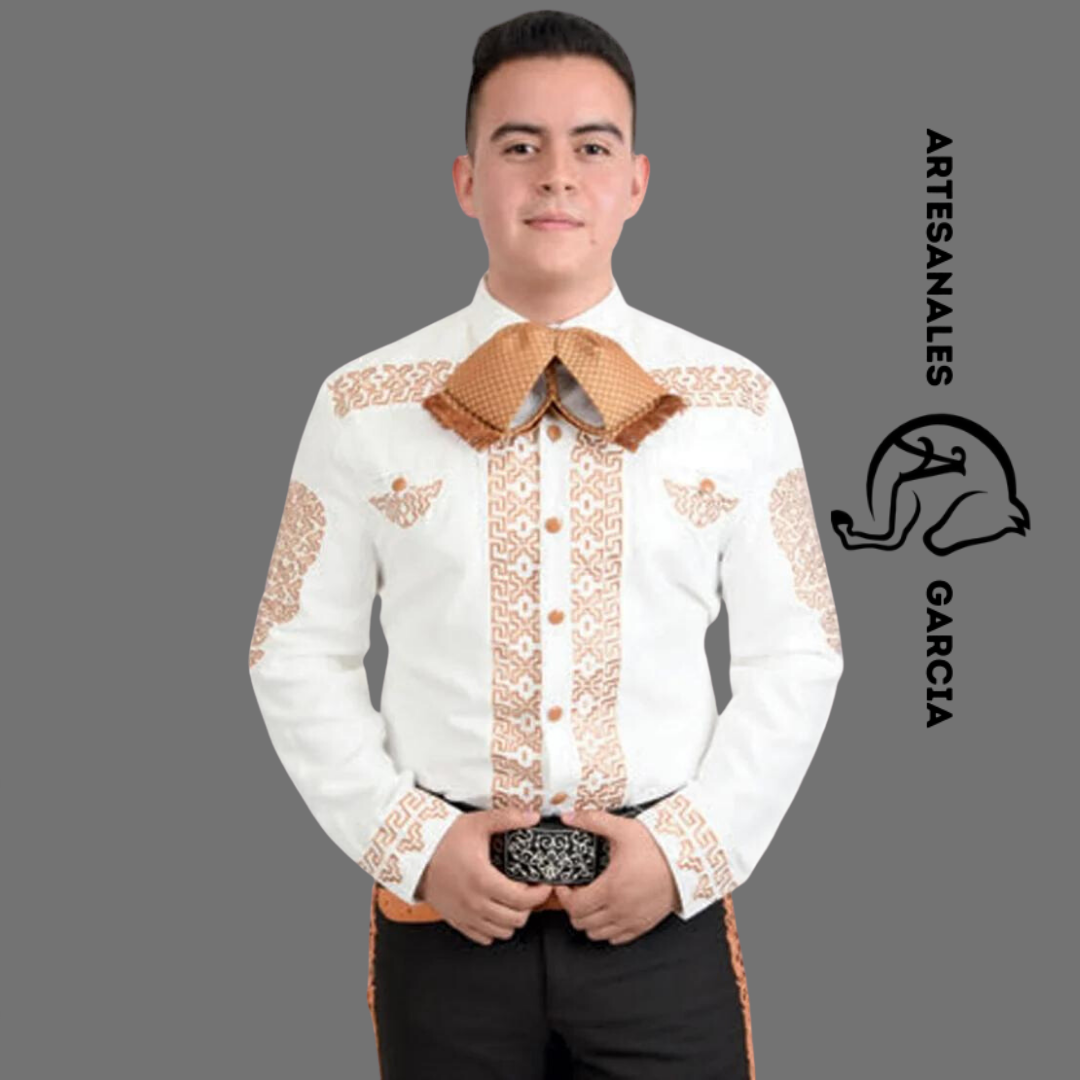 Camisa Charra Gamuza Bordada Blanca / Oro WD 807