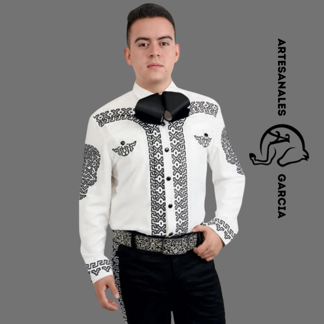 Camisa Charra Gamuza Bordada Blanco / Negro WD 805