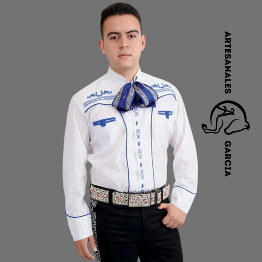 Camisa Charra Tradicional Huesito Nino Blanca / Azul WD 938B/A