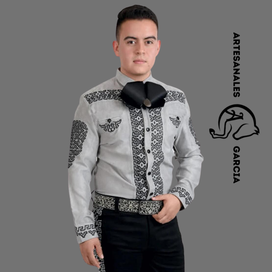 Camisa Charra Gamuza Bordada Gris / Negro WD 804