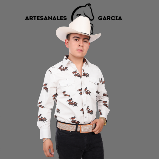 Camisa Vaquera Estampa con Caballos Blanca WD 881