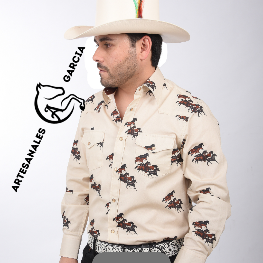 Camisa Vaquera Estampa con Caballos Beige WD 882