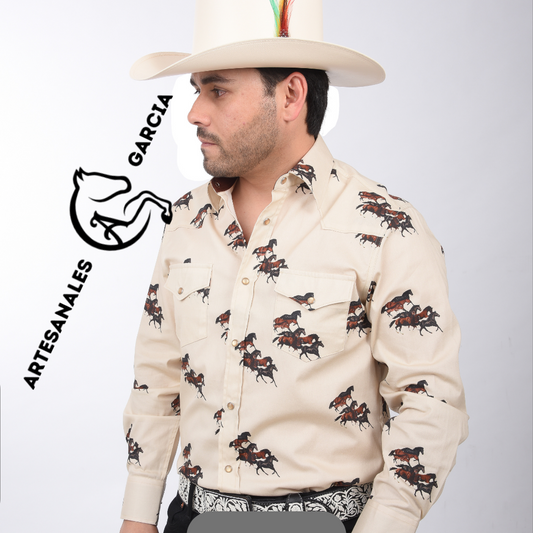 Camisa Vaquera Estampa con Caballos Beige WD 882