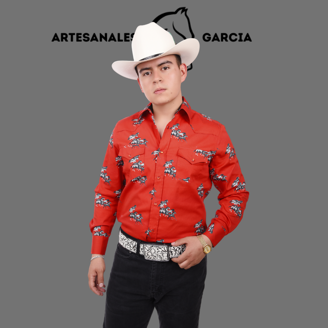 Camisa Vaquera Estampada con Caballos Roja WD 884