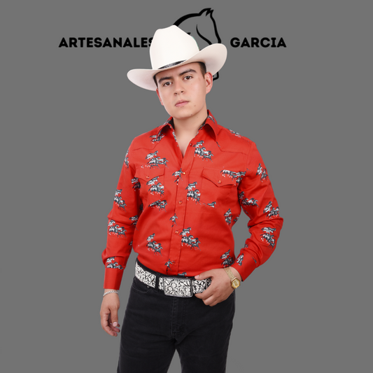 Camisa Vaquera Estampada con Caballos Roja WD 884