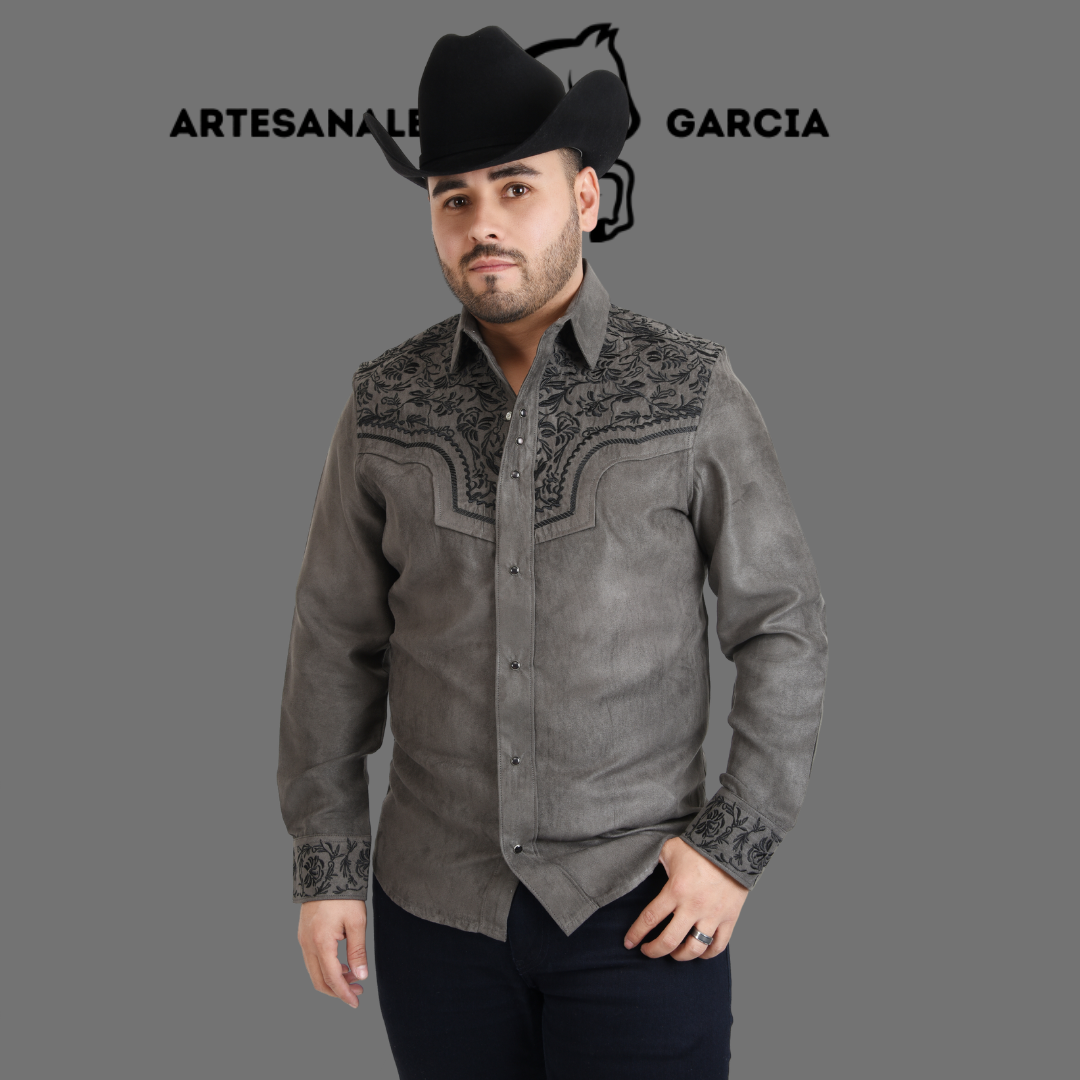 Camisa Vaquera Gamuza Bordada Gris / Negro  WD 919