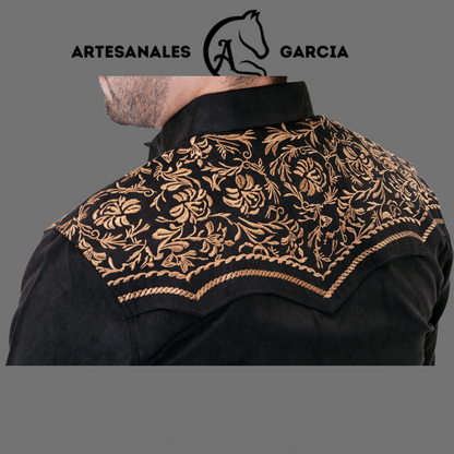 Camisa Vaquera Gamuza Bordada Negro / Oro WD 920