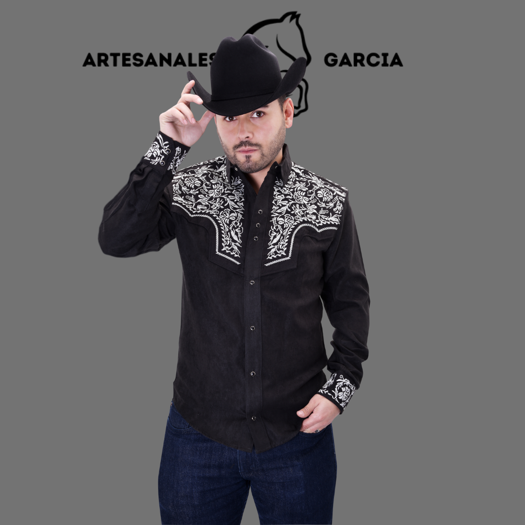 Camisa Vaquera Gamuza Bordada Negro / Blanco  WD 921