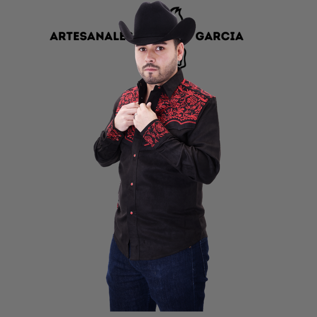 Camisa Vaquera Gamuza Bordada Negra / Rojo WD 922