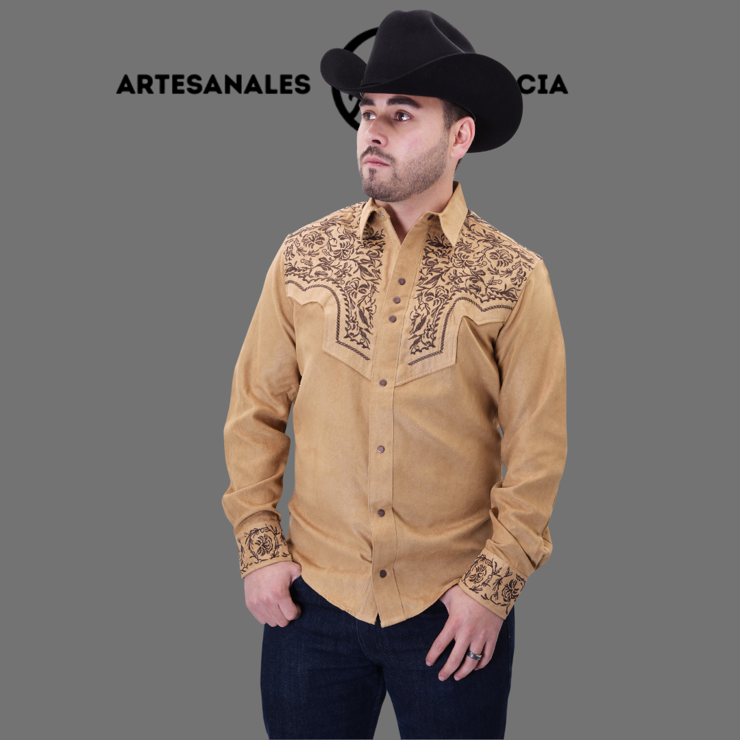 Camisa Vaquera Gamuza Bordada Camel / Cafe WD 926