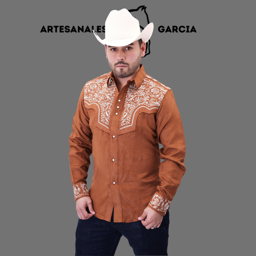 Camisa Vaquera Gamuza Bordada Ladrillo / Blanco WD 928