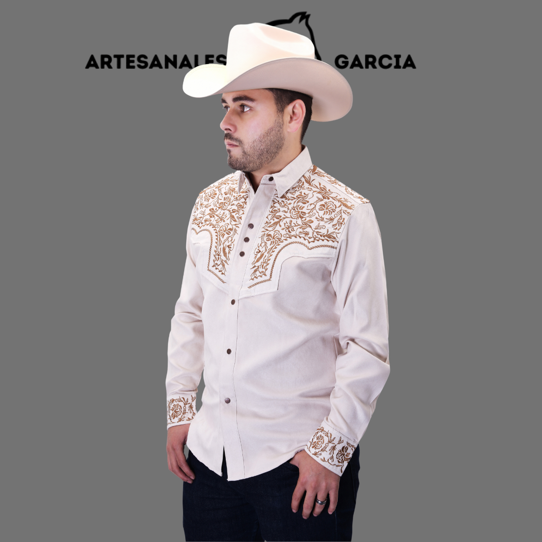 Camisa Vaquera Gamuza Bordada Crema / Bronze WD 930