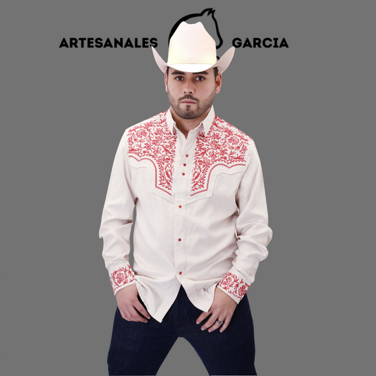 Camisa Vaquera Gamuza Bordada Crema / Rojo WD 931