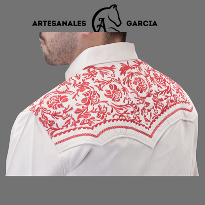 Camisa Vaquera Gamuza Bordada Crema / Rojo WD 931