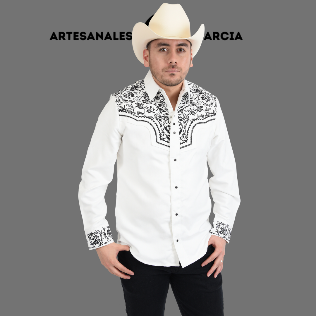 Camisa Vaquera Gamuza Bordada Blanca / Negro WD 932